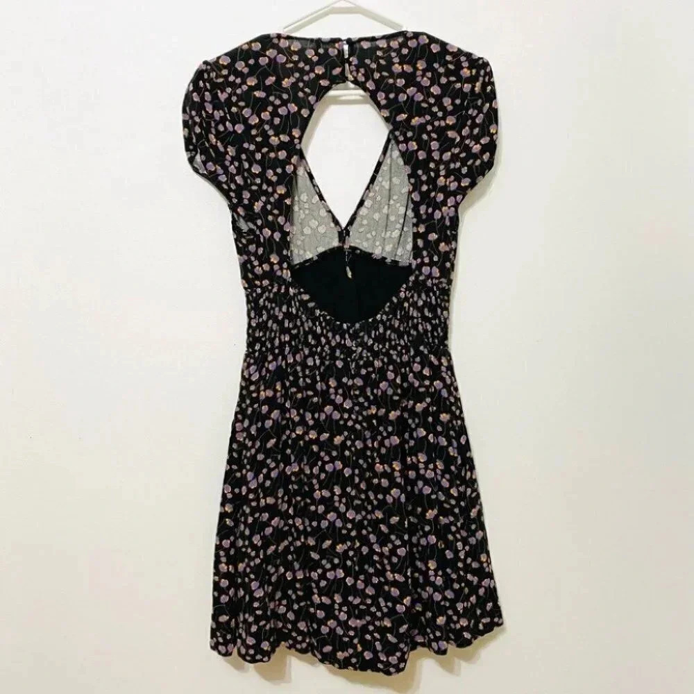 Free People - Dark Blue Open Back Deep V Short Sleeve Floral Dress - Picture 4 of 8